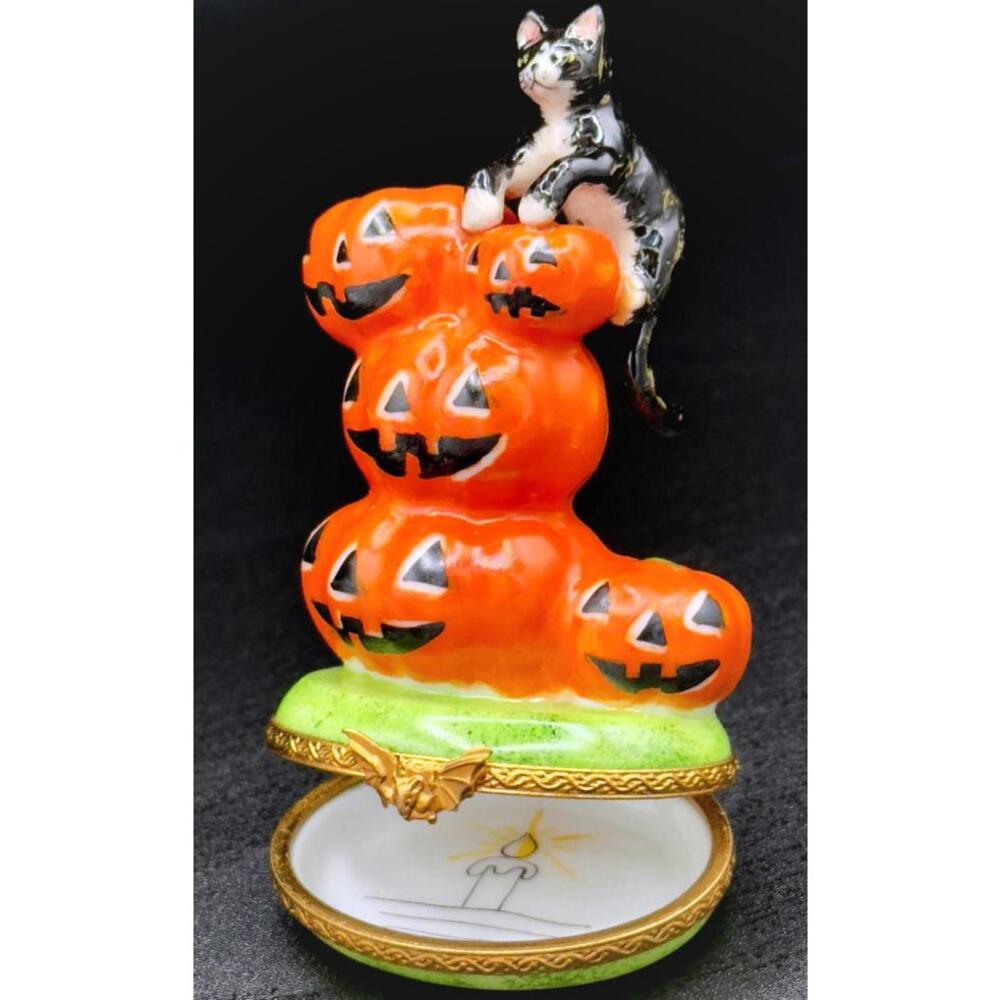 Rare Authentic Limoges France Halloween Black Cat Jack O Lantern Trinket Box - Picture 8 of 8